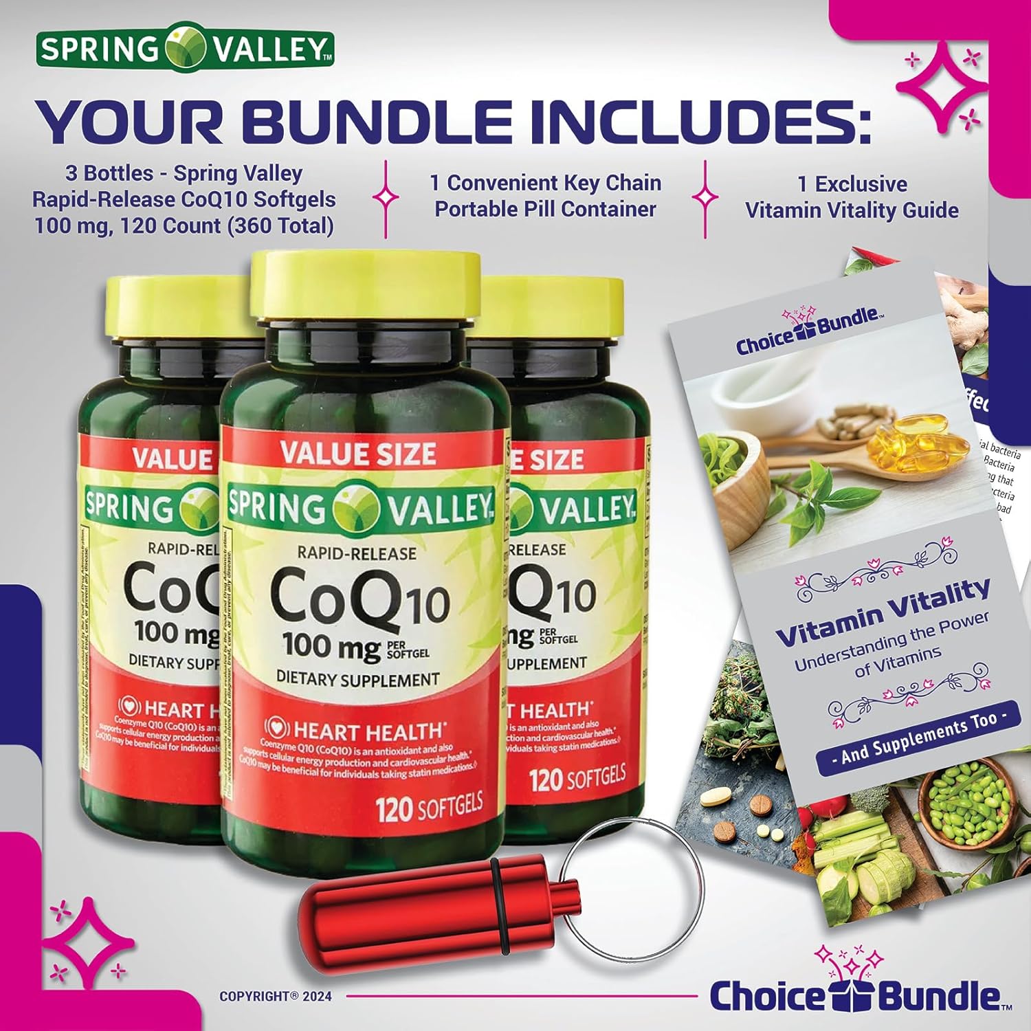 Spring Valley CoQ10 Softgels 100mg 120ct x3 Bundle with Vitamin Vitality Guide & Pill Container - 360 Total Items