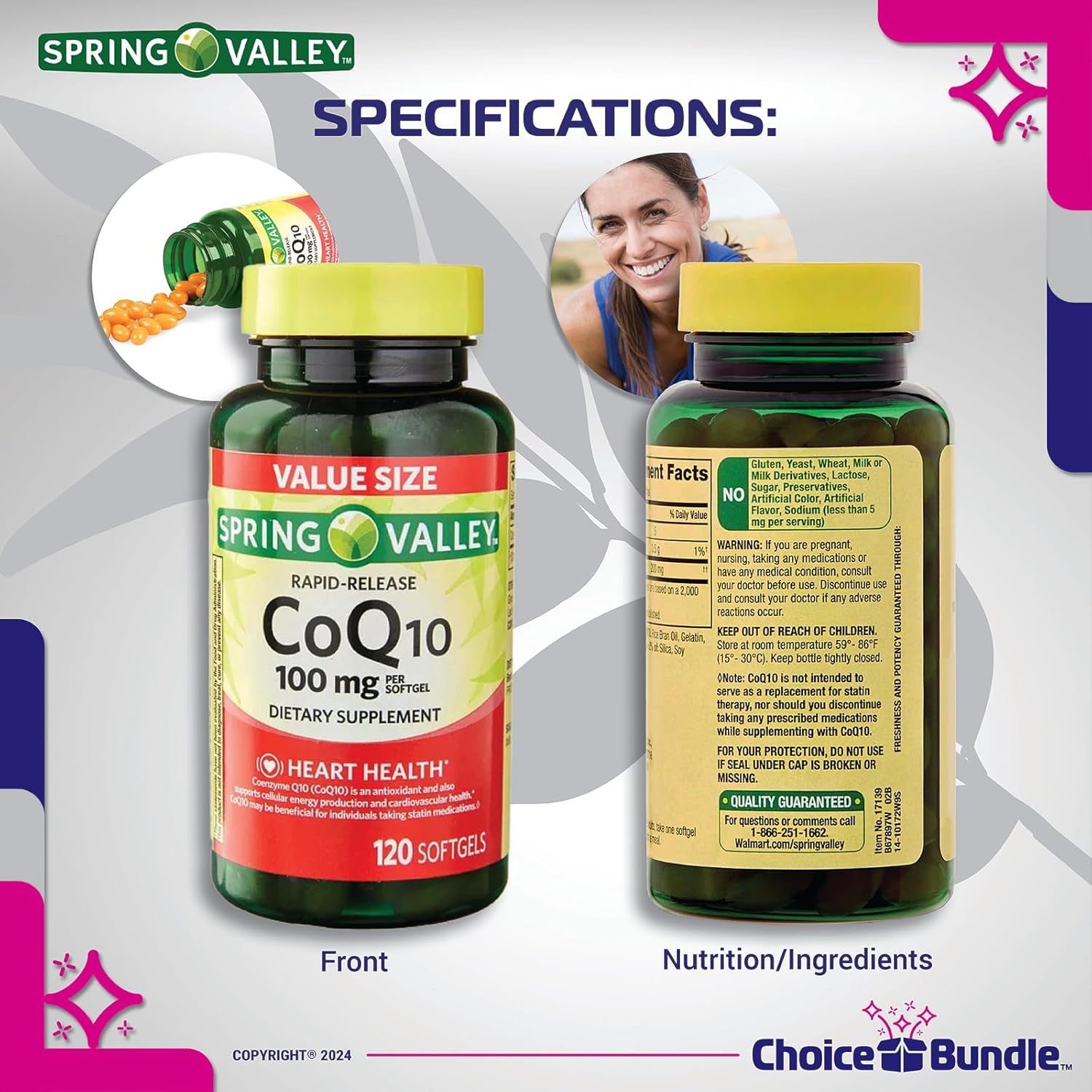 Spring Valley CoQ10 Softgels 100mg 120ct x3 Bundle with Vitamin Vitality Guide & Pill Container - 360 Total Items