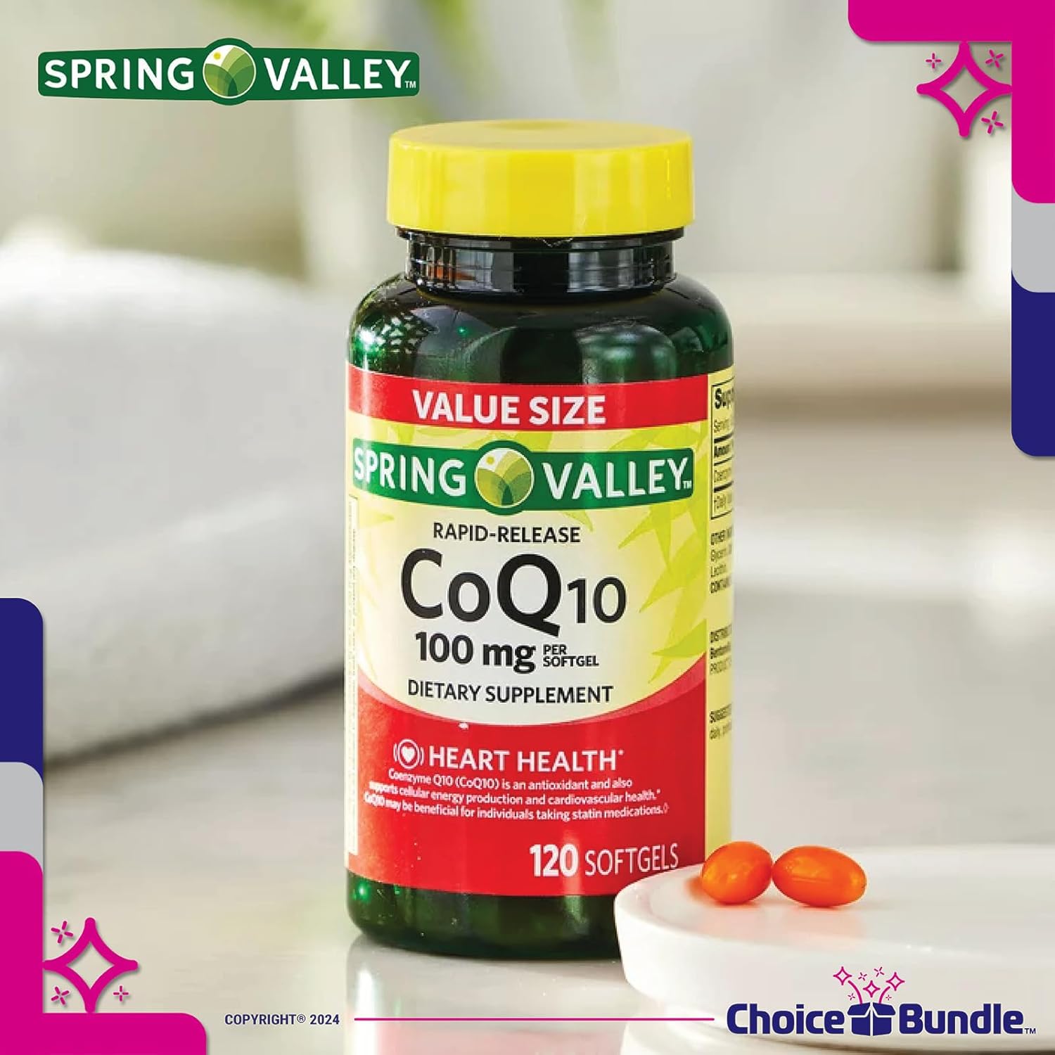 Spring Valley CoQ10 Softgels 100mg 120ct x3 Bundle with Vitamin Vitality Guide & Pill Container - 360 Total Items