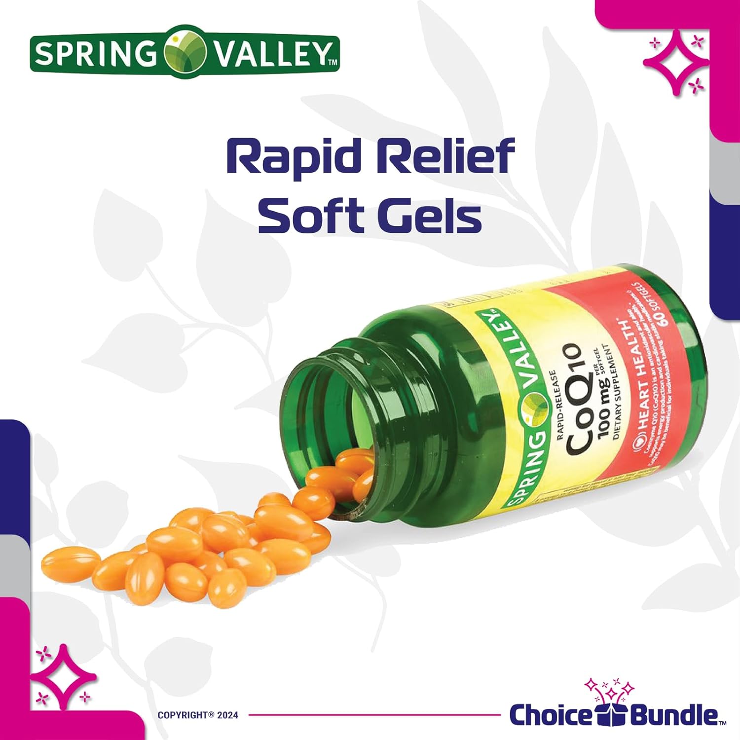 Spring Valley CoQ10 Softgels 100mg 120ct x3 Bundle with Vitamin Vitality Guide & Pill Container - 360 Total Items