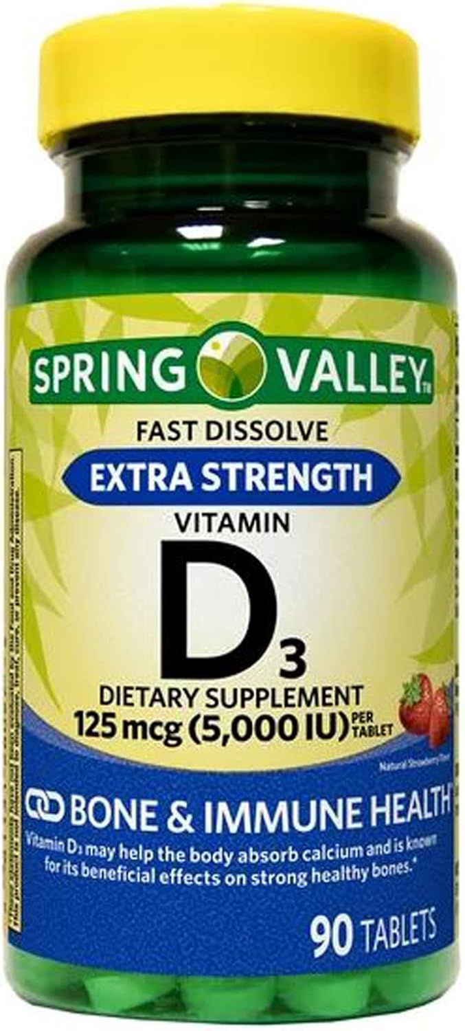 Spring Valley Extra Strength Vitamin D3 Fast Dissolve Tablets - 125 mcg (5,000 IU) - Strawberry Flavor - 90 Count Bottle