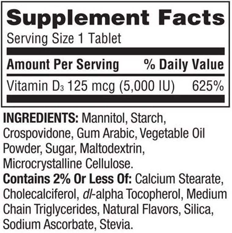 Spring Valley Extra Strength Vitamin D3 Fast Dissolve Tablets - 125 mcg (5,000 IU) - Strawberry Flavor - 90 Count Bottle