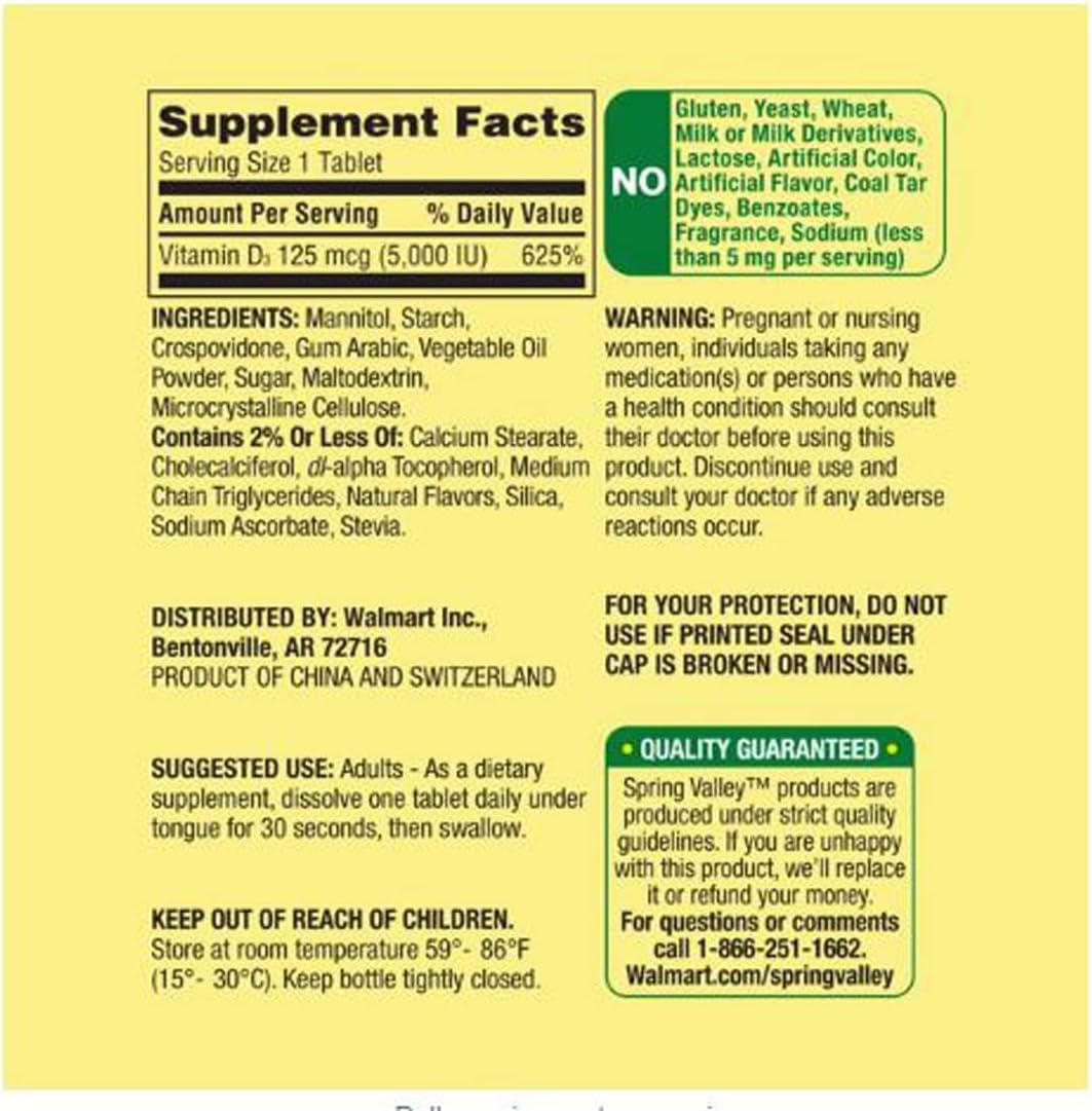 Spring Valley Extra Strength Vitamin D3 Fast Dissolve Tablets - 125 mcg (5,000 IU) - Strawberry Flavor - 90 Count Bottle
