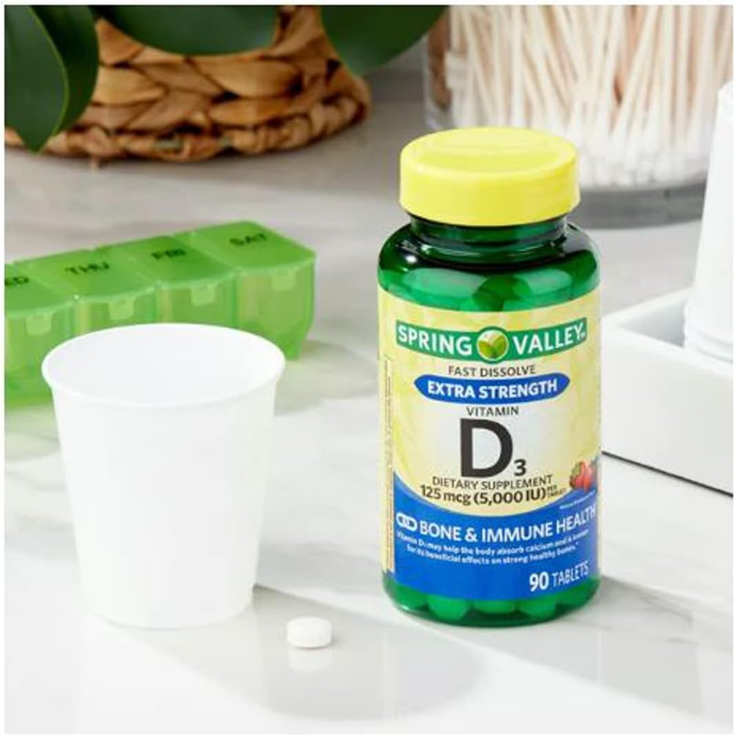 Spring Valley Extra Strength Vitamin D3 Fast Dissolve Tablets - 125 mcg (5,000 IU) - Strawberry Flavor - 90 Count Bottle