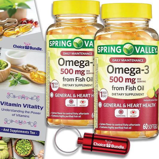 Spring Valley Fish Oil Omega-3 Fatty Acid Supplement Lemon Softgels 500mg 60 Ct 2 Pack Bundle with Vitamin Guide and Pill Container (120 Total)
