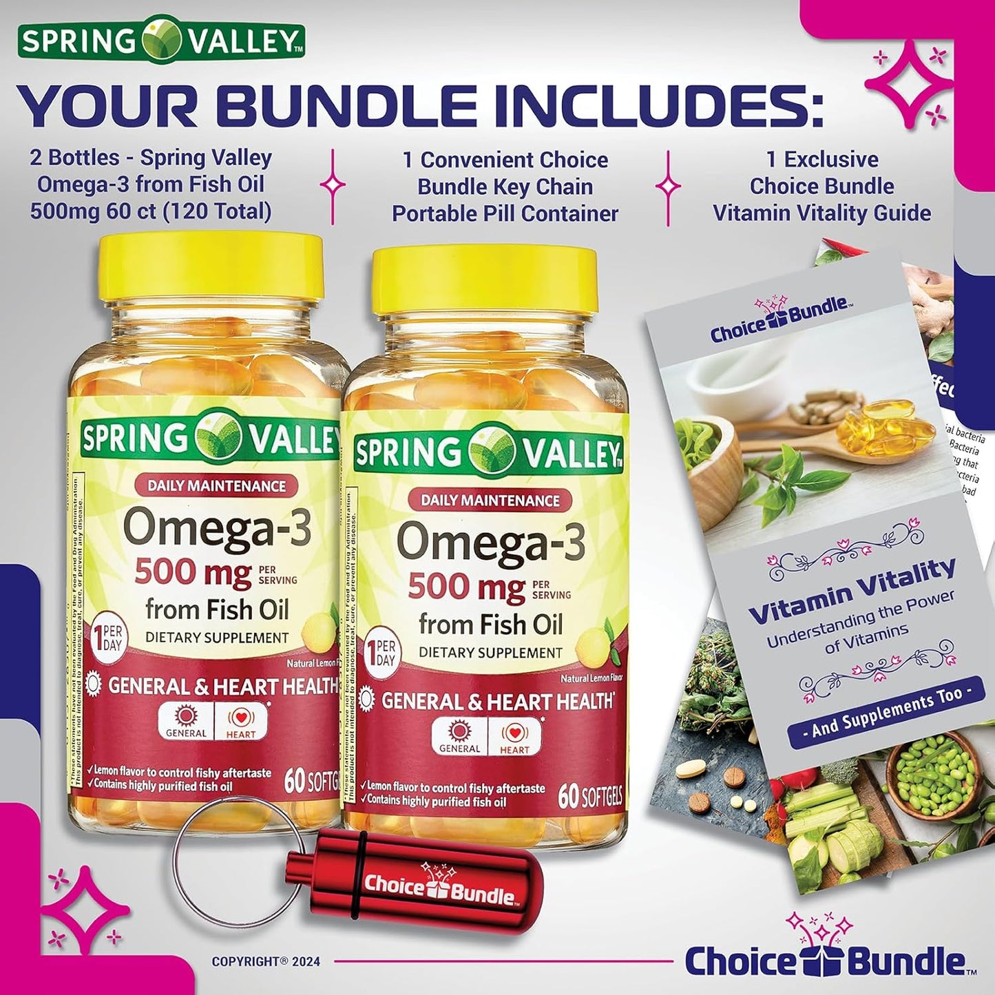 Spring Valley Fish Oil Omega-3 Fatty Acid Supplement Lemon Softgels 500mg 60 Ct 2 Pack Bundle with Vitamin Guide and Pill Container (120 Total)