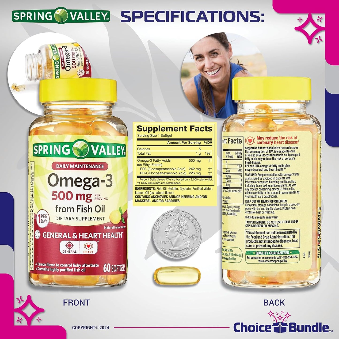 Spring Valley Fish Oil Omega-3 Fatty Acid Supplement Lemon Softgels 500mg 60 Ct 2 Pack Bundle with Vitamin Guide and Pill Container (120 Total)