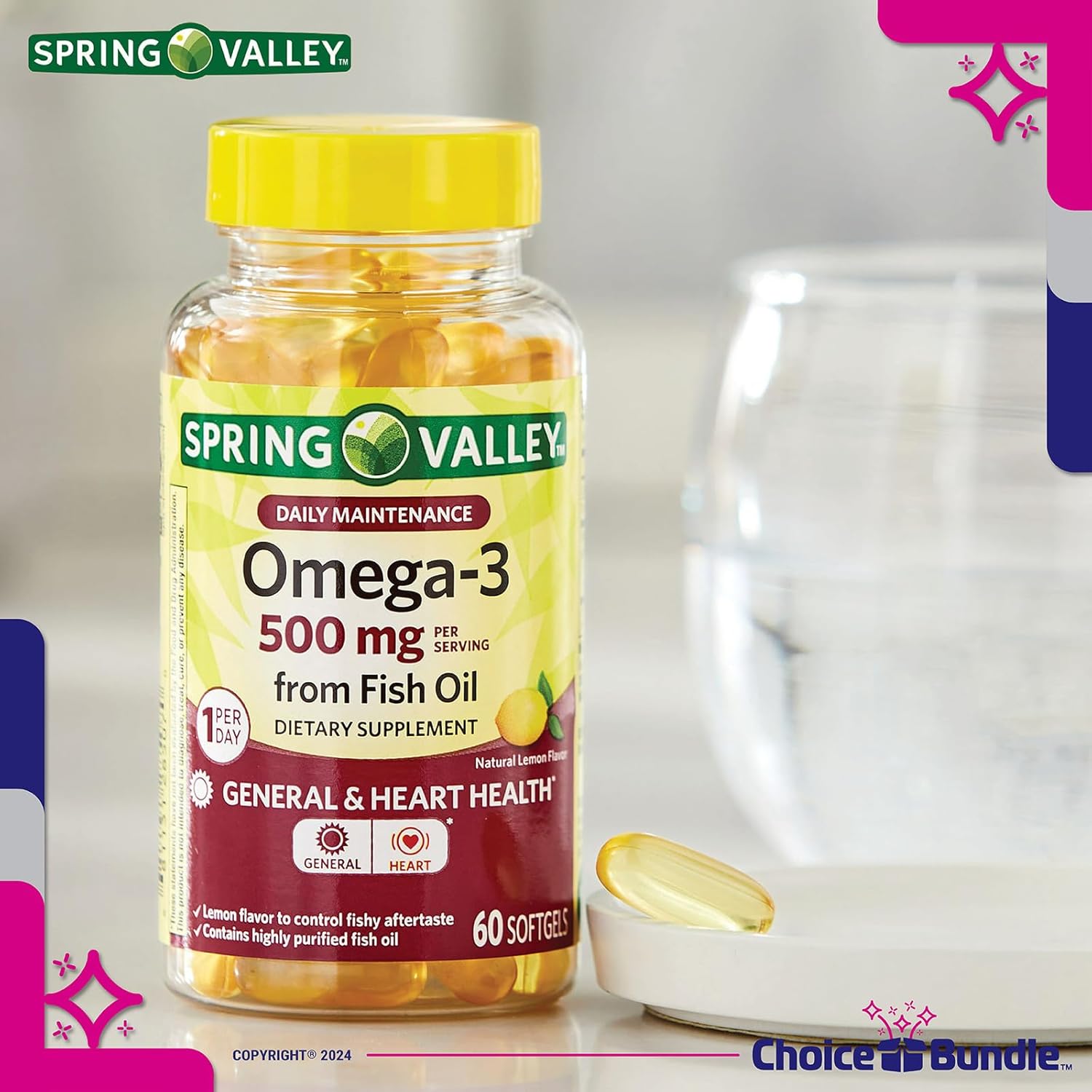 Spring Valley Fish Oil Omega-3 Fatty Acid Supplement Lemon Softgels 500mg 60 Ct 2 Pack Bundle with Vitamin Guide and Pill Container (120 Total)