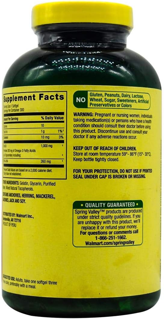 Spring Valley Fish Oil Softgels, 1000 mg, 300 Count - Omega-3 Supplement