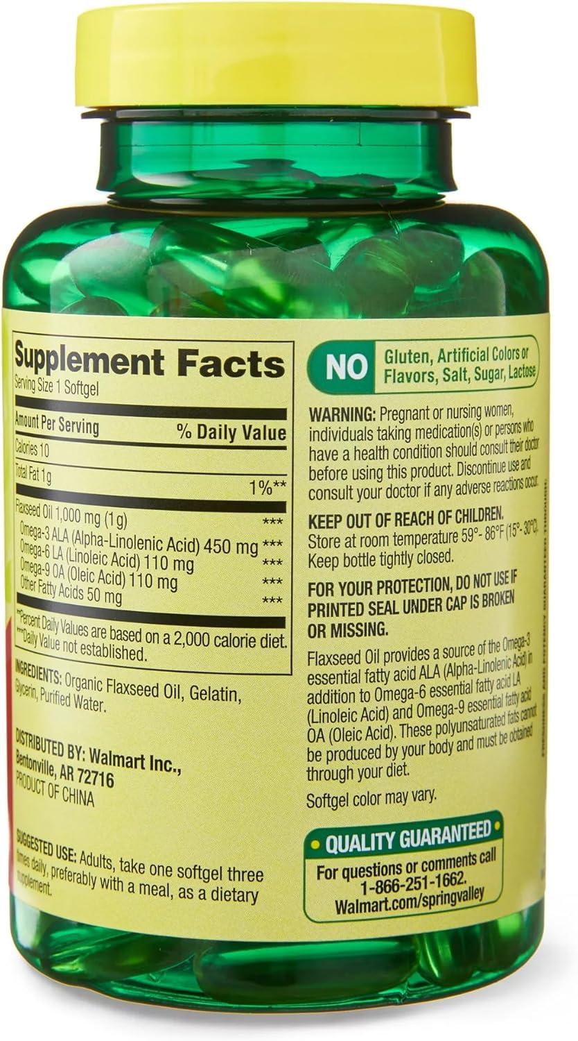Spring Valley Flaxseed Oil Softgels - Vegan Omega 3, 6, 9 Supplement - 1000mg Flax Seed Oil Pills - 100 Count Pack - Venancio's Shop