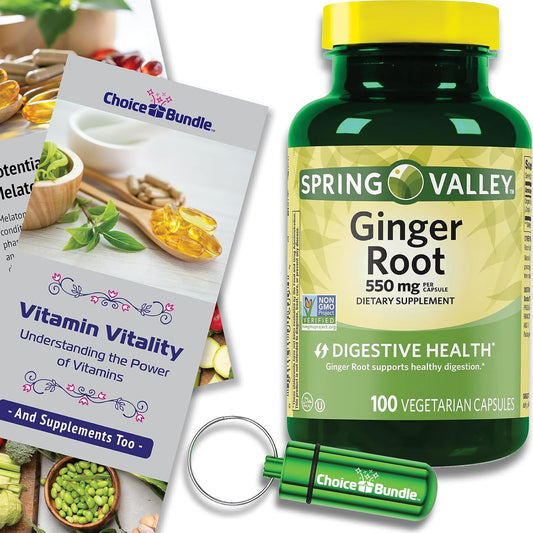Spring Valley Ginger Root Digestive Health Supplement 550mg Capsules - 100 Ct Bundle with "Vitamin Vitality" Guide and Pill Container - 3 Items