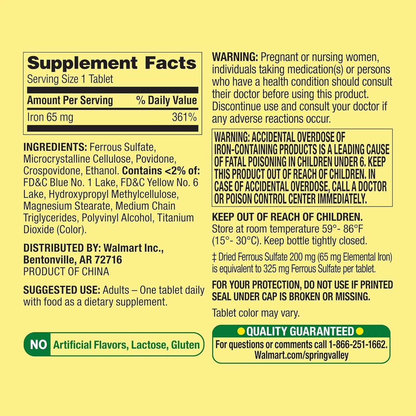 Spring Valley Iron Supplement - 65 mg, 100 Tablets for Iron Deficiency Support