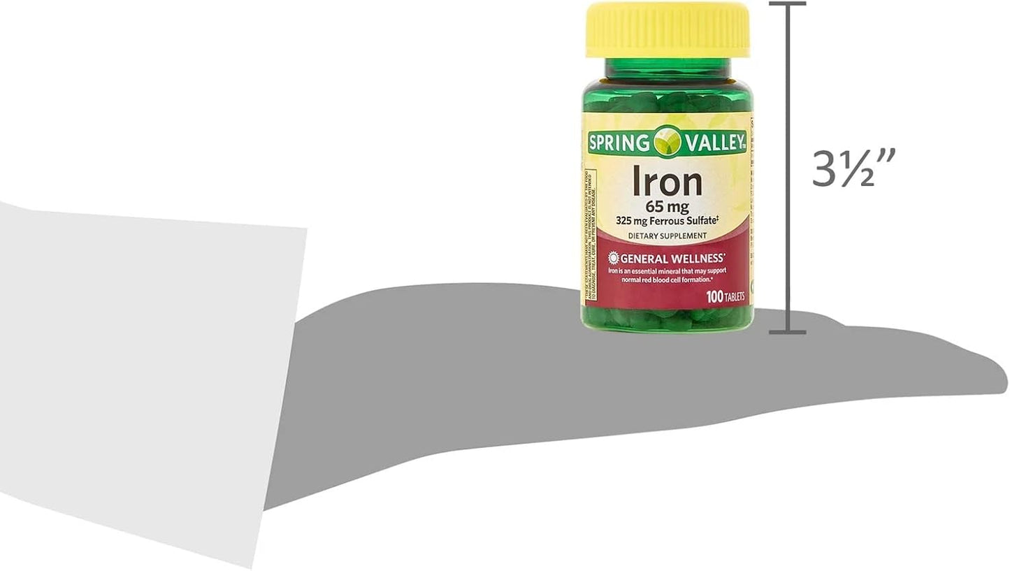 Spring Valley Iron Supplement - 65 mg, 100 Tablets for Iron Deficiency Support