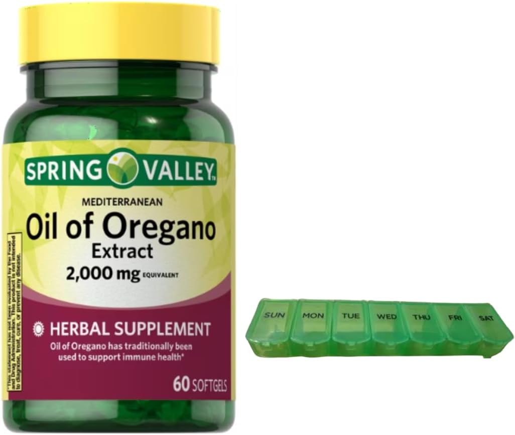 Spring Valley Mediterranean Oil of Oregano Softgels 2000 mg - 60 Count Immune Health Supplement with Pill Organizer