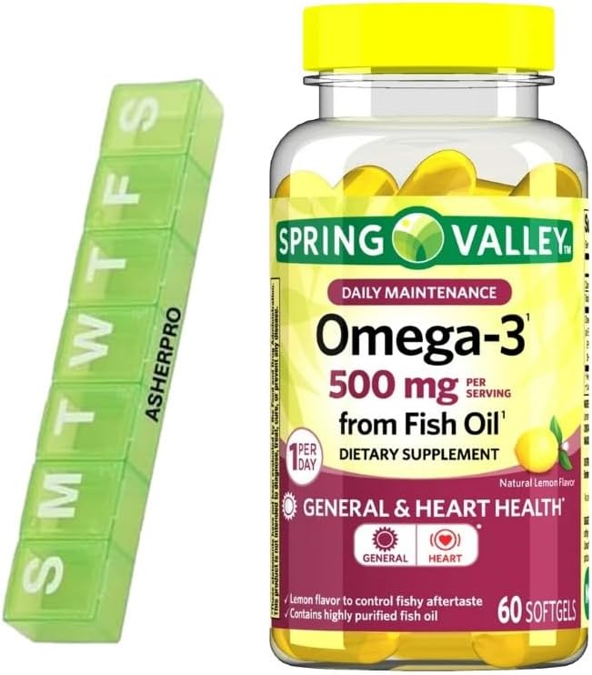 Spring Valley Omega-3 Fish Oil Supplements, 500mg, 60 Count with Pill Organizer
