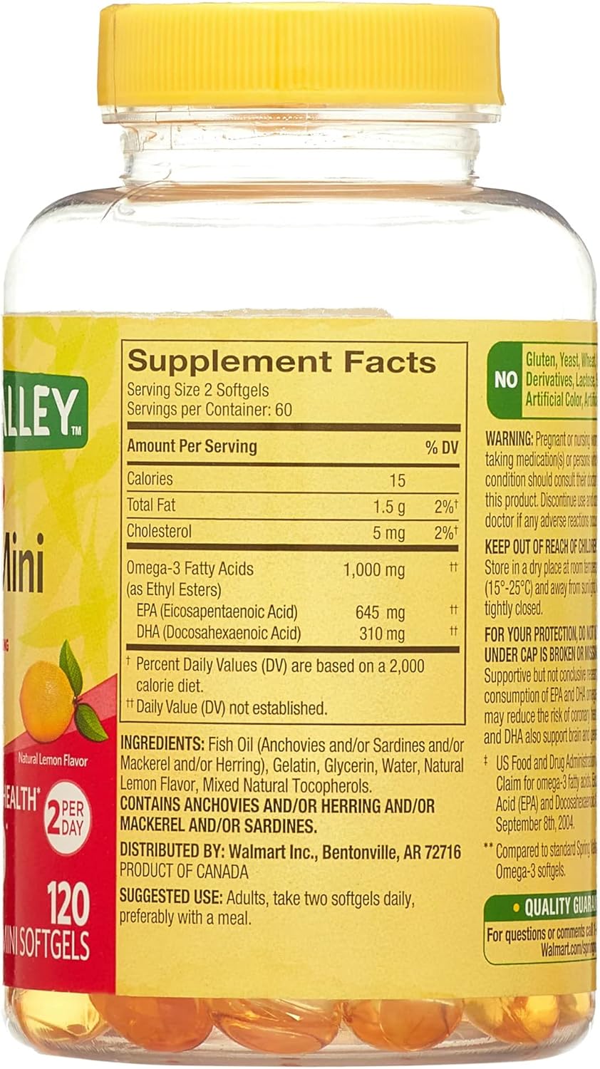 Spring Valley Omega-3 Mini Softgels 1000mg Fish Oil Bundle - 120 Count with Lual's 45 Diabetes Decoded