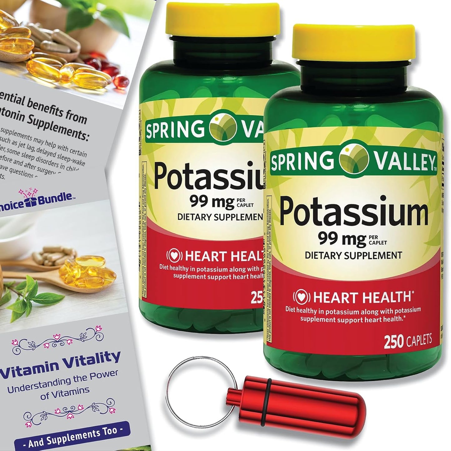 Spring Valley Potassium Caplets 99mg for Heart Health - 500 Total, 2 pk Bundle with "Vitamin Vitality" Guide & Pill Container