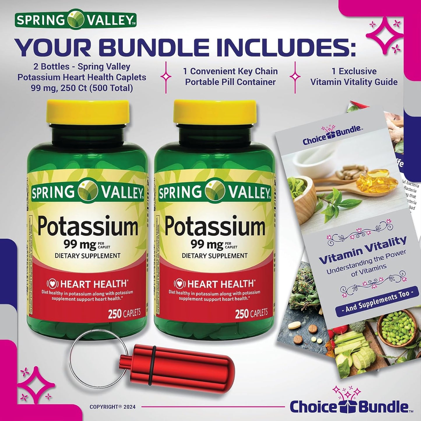 Spring Valley Potassium Caplets 99mg for Heart Health - 500 Total, 2 pk Bundle with "Vitamin Vitality" Guide & Pill Container