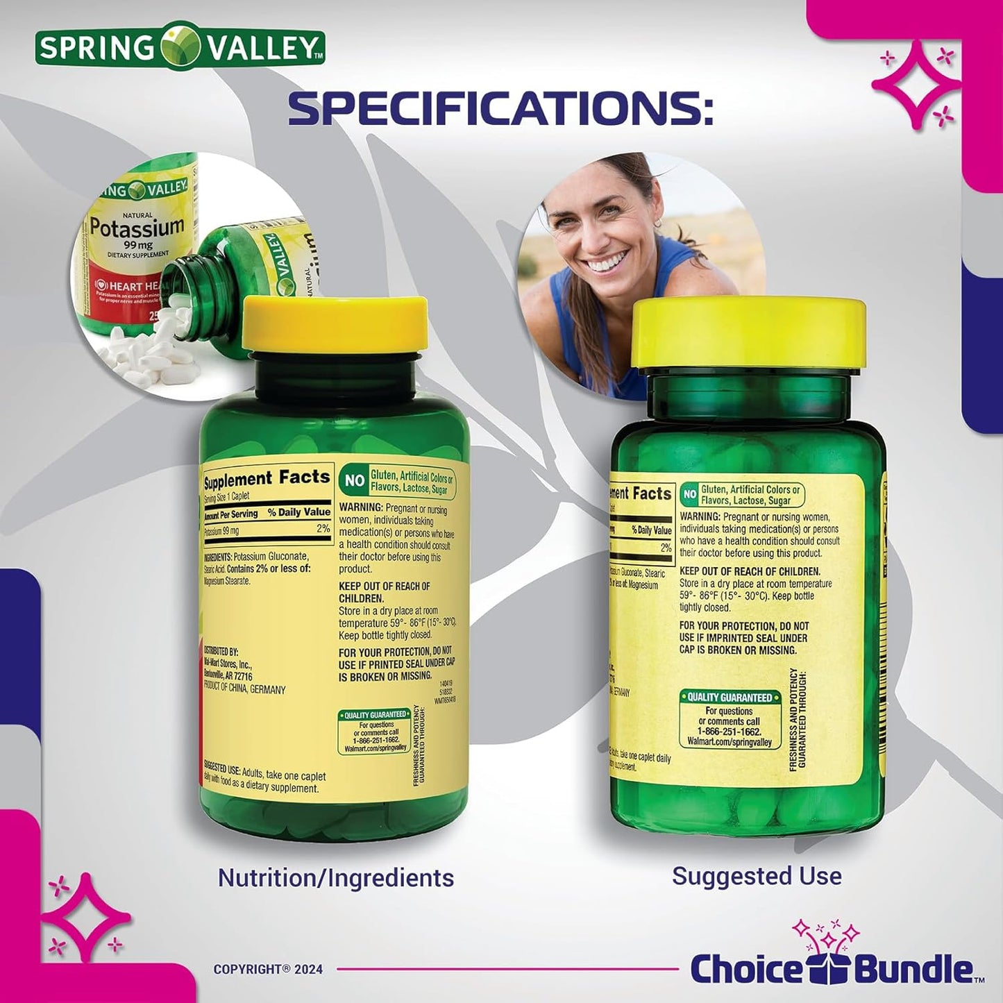 Spring Valley Potassium Caplets 99mg for Heart Health - 500 Total, 2 pk Bundle with "Vitamin Vitality" Guide & Pill Container