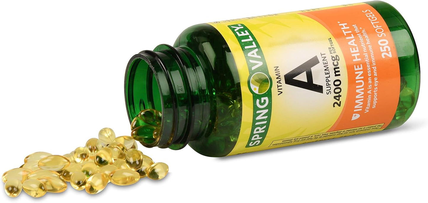 Spring Valley Vitamin A Softgels - 2400mcg, 250 Count - Immune Support and Eye Health Booster
