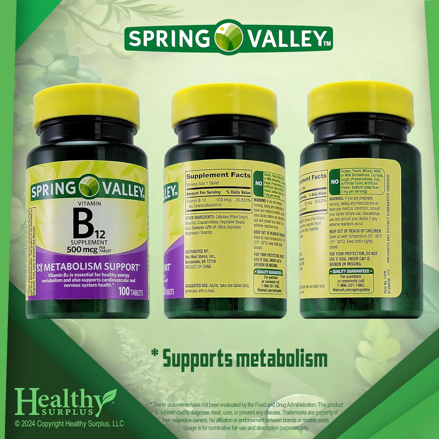 Spring Valley Vitamin B12 Supplement 500 mcg - 100 Tablets for Healthy Energy Support