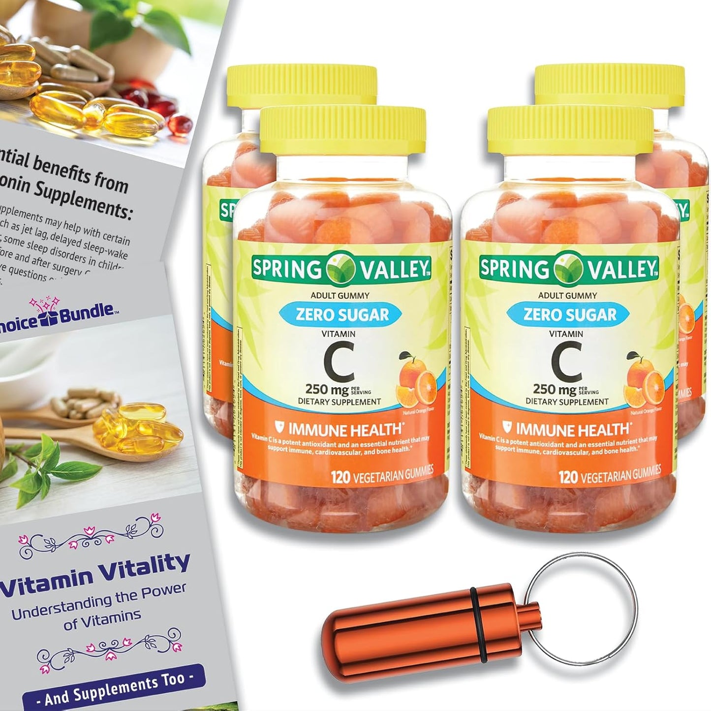 Spring Valley Zero Sugar Vitamin C Gummies 120 Ct 4 pk Bundle + Vitamin Vitality Guide & Pill Container (6 Items)