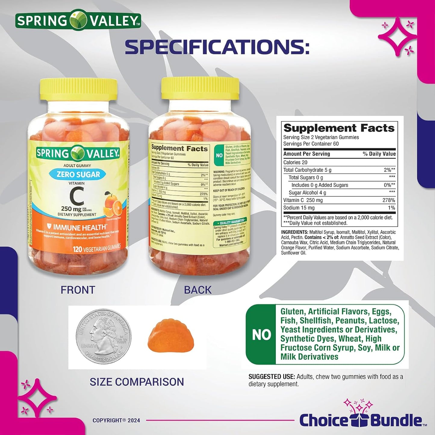 Spring Valley Zero Sugar Vitamin C Gummies 120 Ct 4 pk Bundle + Vitamin Vitality Guide & Pill Container (6 Items)