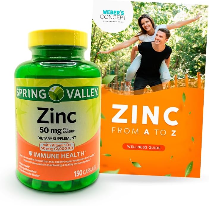 Spring Valley Zinc 50mg with Vitamin D3 Immune Support Bundle + "Zinc: Wellness Guide" Book - 150 Capsules by Weber's Nutritional Concept