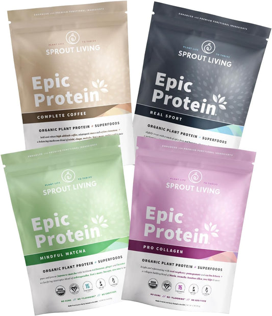 Sprout Living Epic Protein Pro Collagen with Mindful Matcha and Real Sport, Complete Coffee - 12 Servings