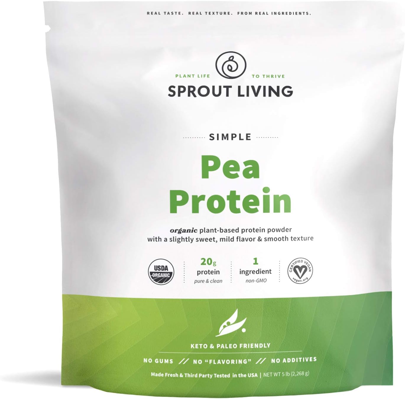 Sprout Living Organic Pea Protein Powder - 20g Plant Based Protein, No Artificial Sweeteners, Vegan Keto Drink Mix - 5lb