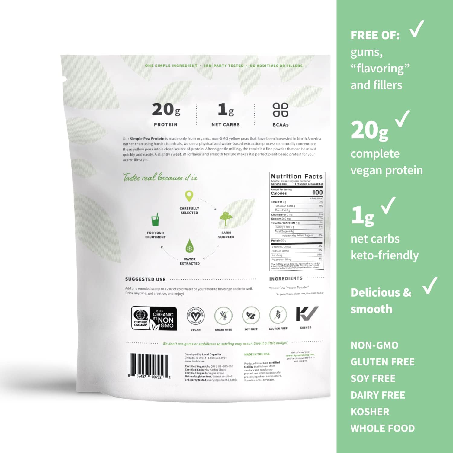 Sprout Living Organic Pea Protein Powder - 20g Plant Based Protein, No Artificial Sweeteners, Vegan Keto Drink Mix - 5lb