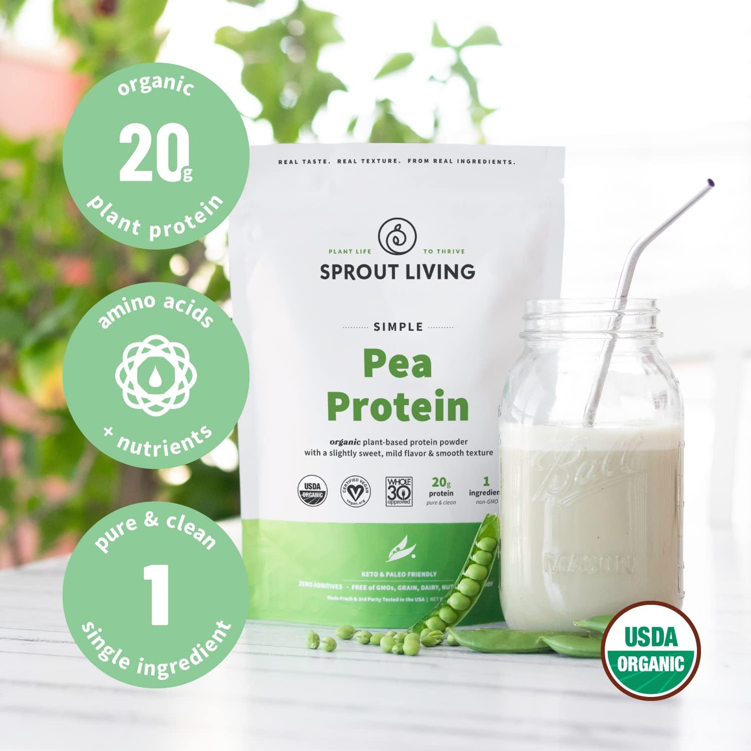 Sprout Living Organic Pea Protein Powder - 20g Plant Based Protein, No Artificial Sweeteners, Vegan Keto Drink Mix - 5lb