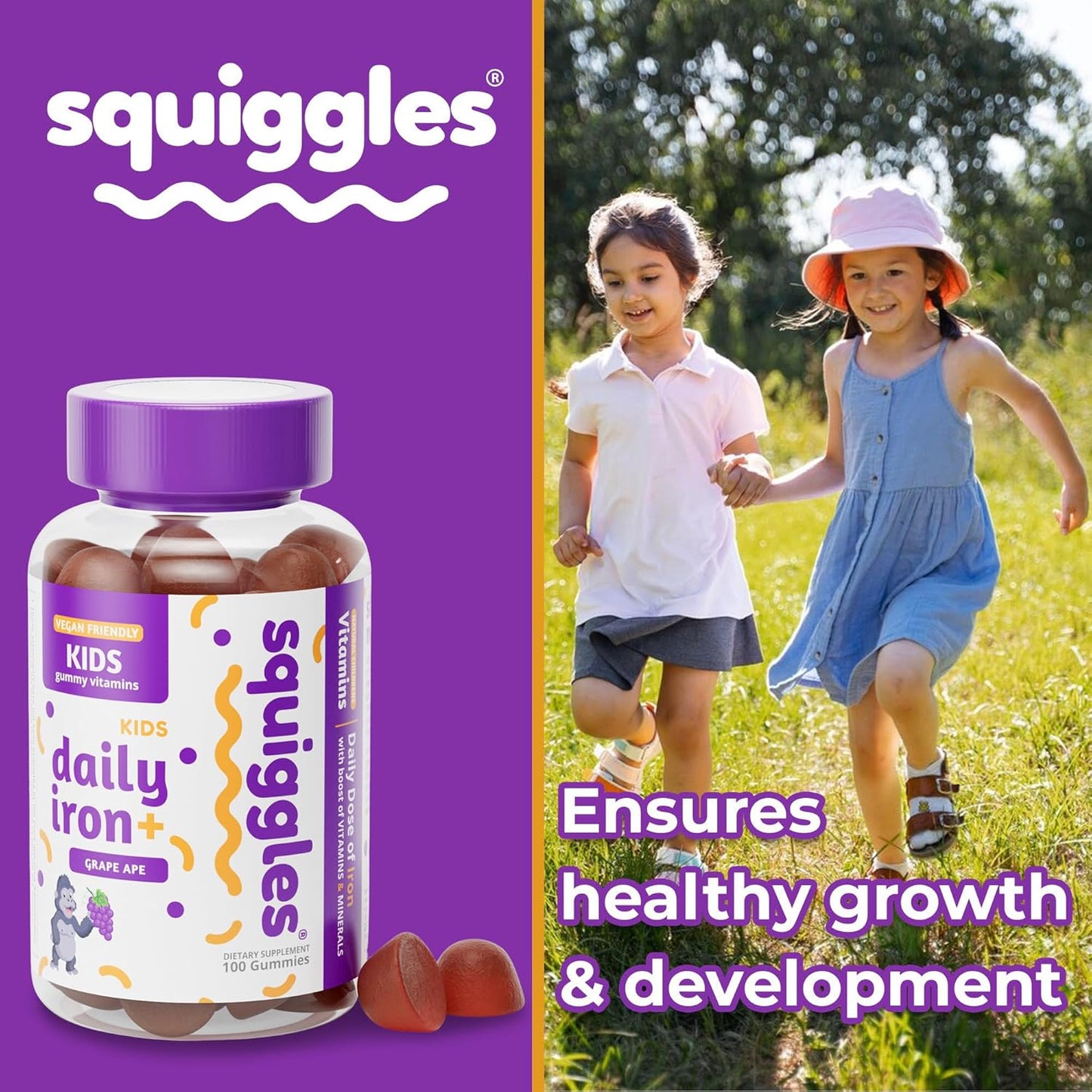 Squiggles Kids Iron Gummies - 100 Count Vegan Vitamin Supplement with Vitamins, Minerals, and Low Sugar Grape Flavor