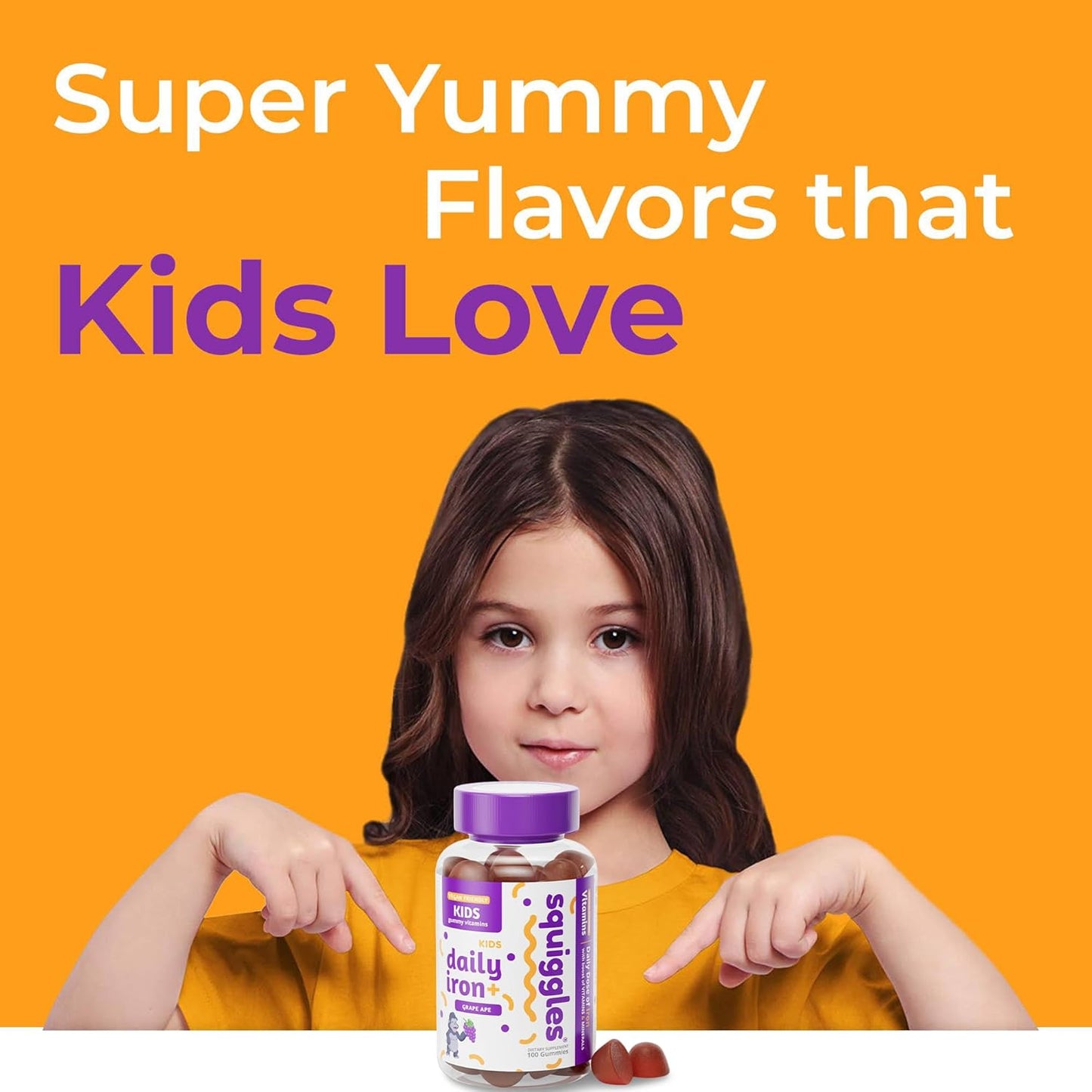 Squiggles Kids Iron Gummies - 100 Count Vegan Vitamin Supplement with Vitamins, Minerals, and Low Sugar Grape Flavor