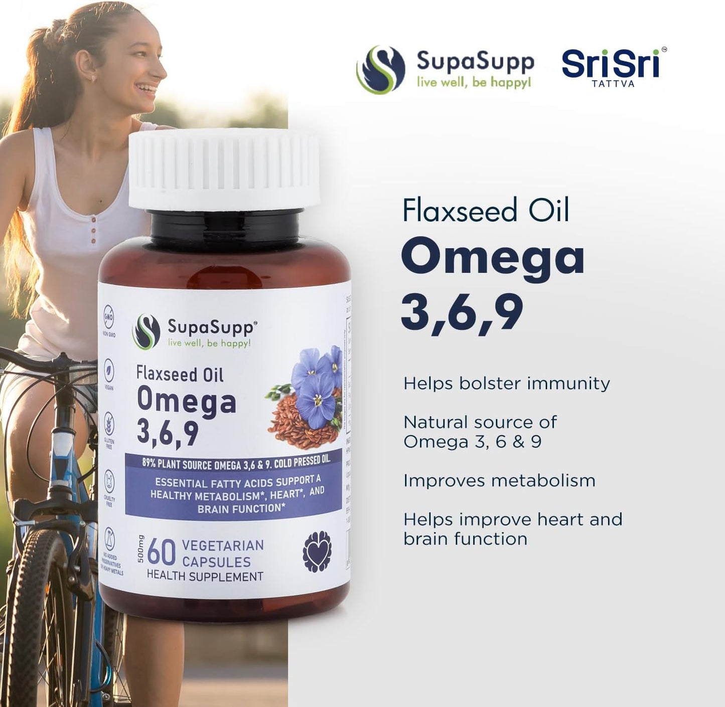 SRI SRI TATTVA Flaxseed Oil Capsules with Omega 3 6 9 for Brain, Heart, Joints, Skin - Immunity & Digestion Support