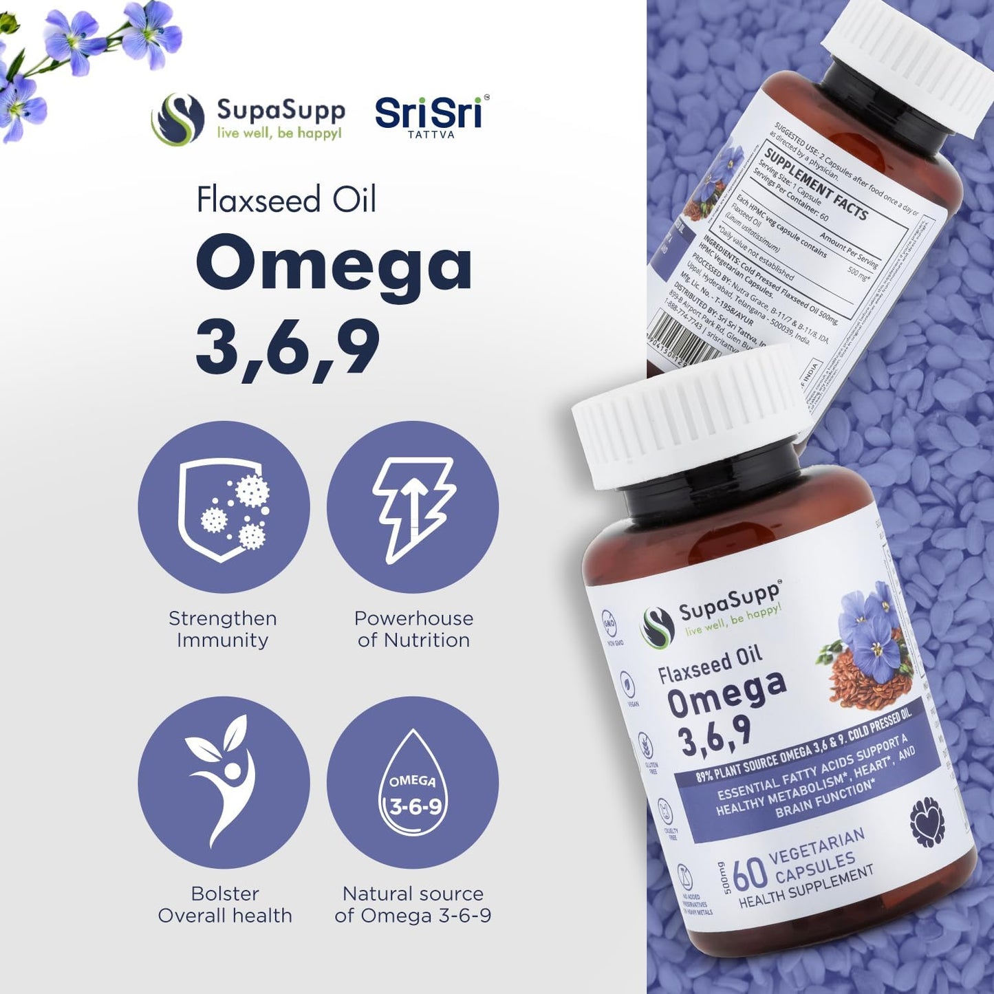 SRI SRI TATTVA Flaxseed Oil Capsules with Omega 3 6 9 for Brain, Heart, Joints, Skin - Immunity & Digestion Support