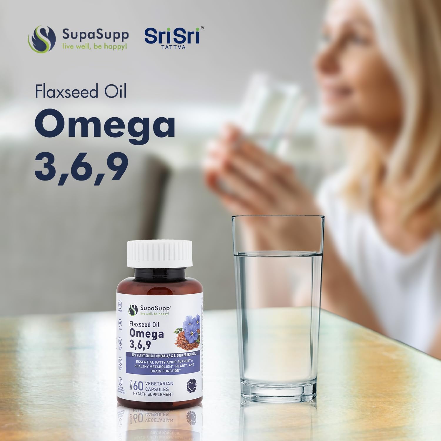 SRI SRI TATTVA Flaxseed Oil Capsules with Omega 3 6 9 for Brain, Heart, Joints, Skin - Immunity & Digestion Support