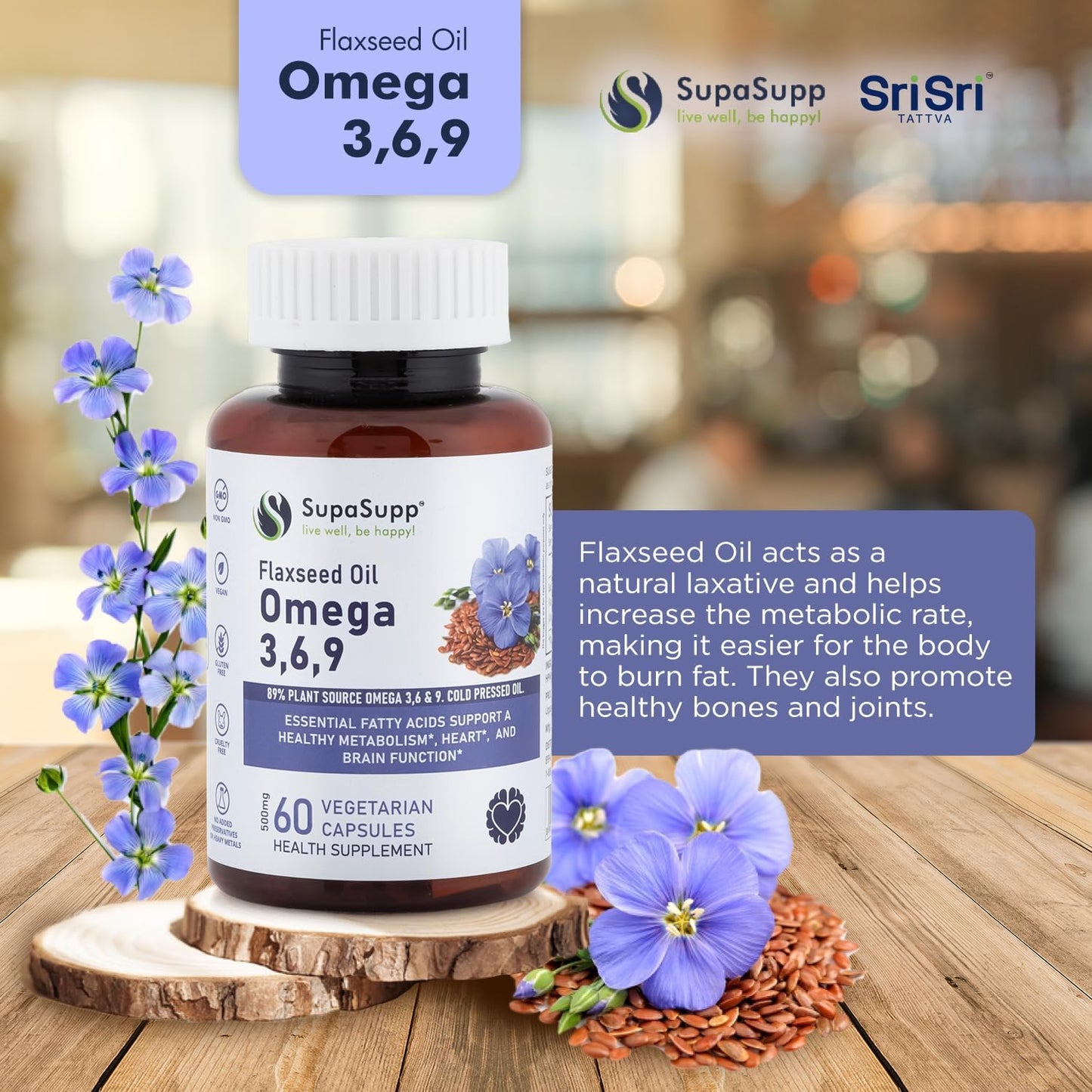 SRI SRI TATTVA Flaxseed Oil Capsules with Omega 3 6 9 for Brain, Heart, Joints, Skin - Immunity & Digestion Support