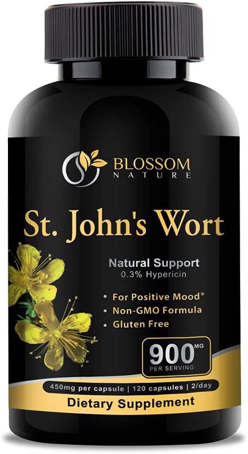St Johns Wort Mood Support Supplement - Calm Supplements with 900mg - 120 Vegan Capsules for 2 Month Supply - Non-GMO Hypericum Perforatum with 0.3% Hypericin