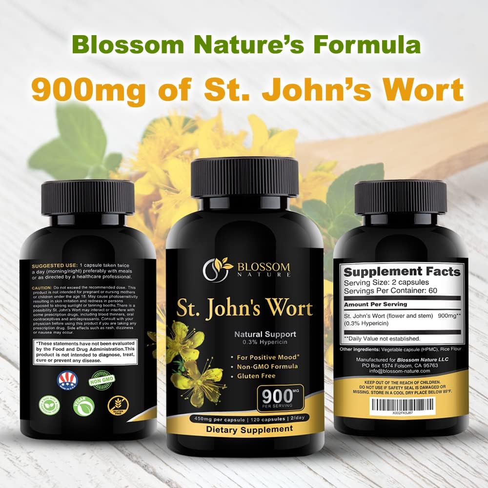 St Johns Wort Mood Support Supplement - Calm Supplements with 900mg - 120 Vegan Capsules for 2 Month Supply - Non-GMO Hypericum Perforatum with 0.3% Hypericin