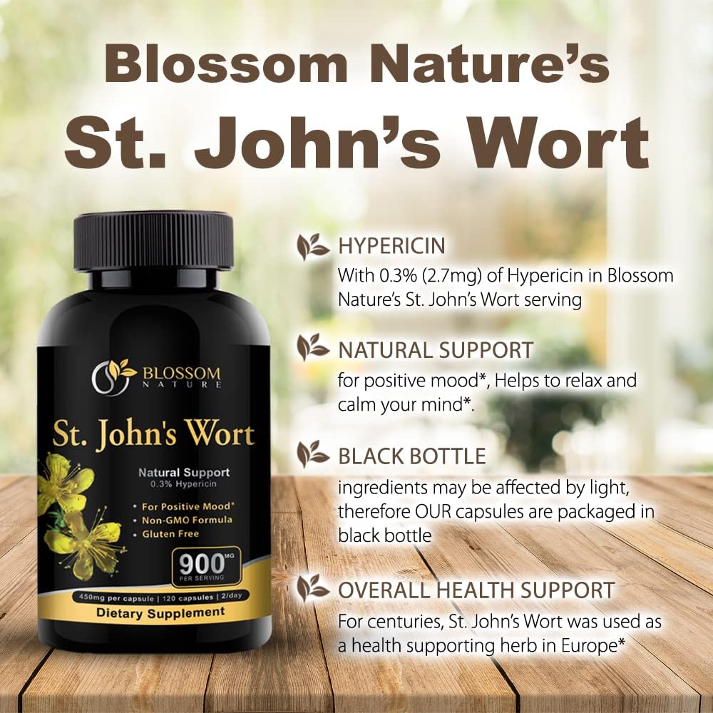 St Johns Wort Mood Support Supplement - Calm Supplements with 900mg - 120 Vegan Capsules for 2 Month Supply - Non-GMO Hypericum Perforatum with 0.3% Hypericin