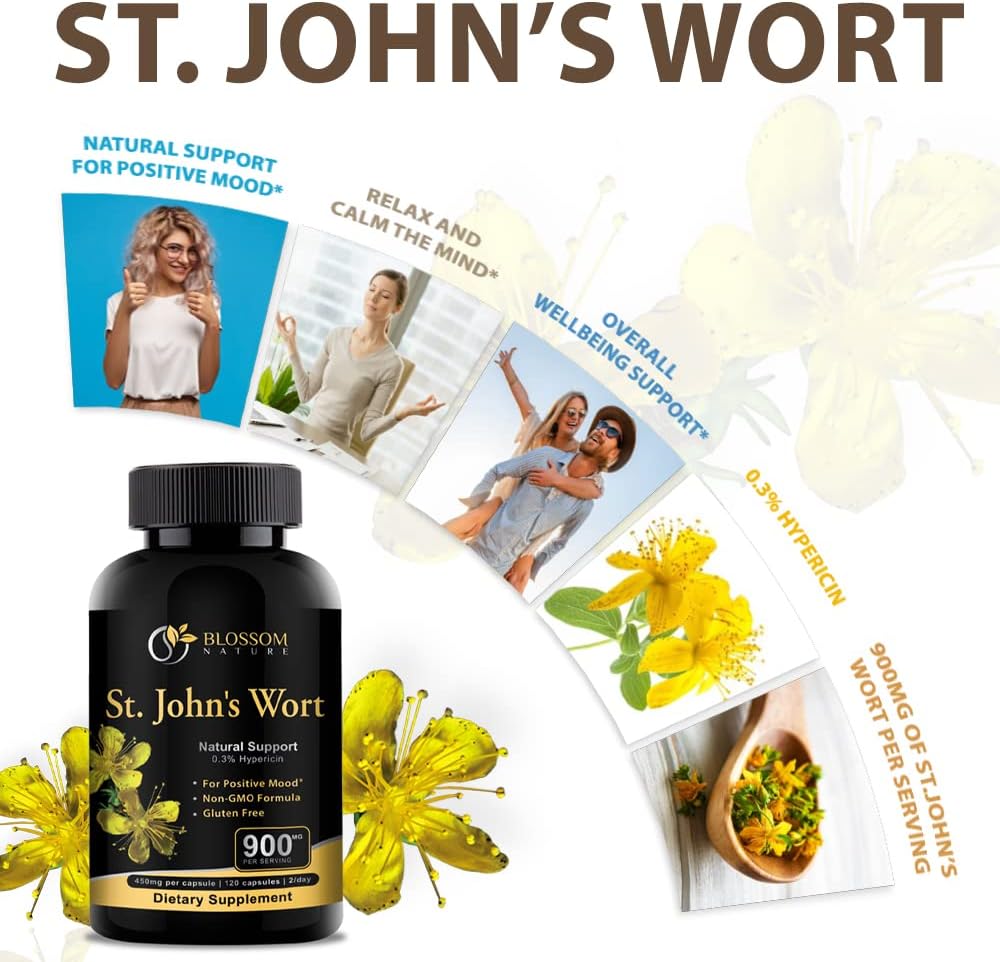 St Johns Wort Mood Support Supplement - Calm Supplements with 900mg - 120 Vegan Capsules for 2 Month Supply - Non-GMO Hypericum Perforatum with 0.3% Hypericin