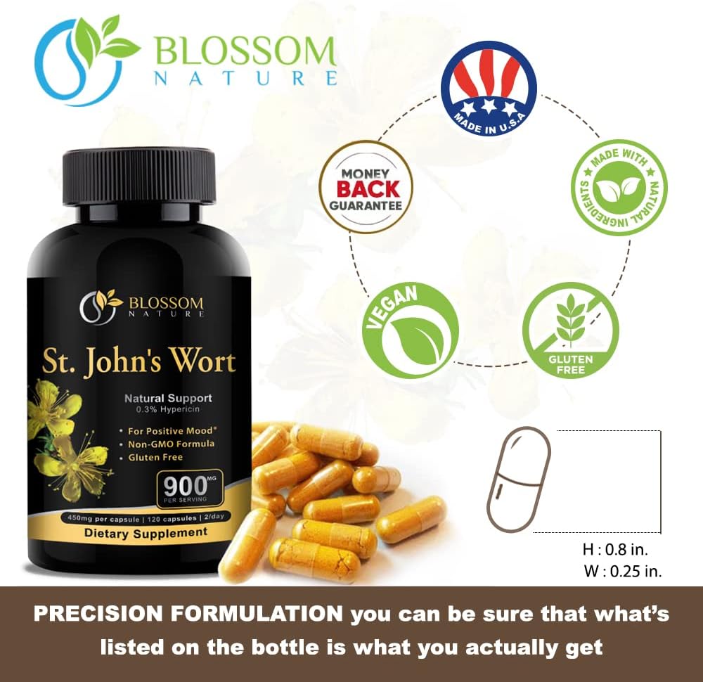 St Johns Wort Mood Support Supplement - Calm Supplements with 900mg - 120 Vegan Capsules for 2 Month Supply - Non-GMO Hypericum Perforatum with 0.3% Hypericin