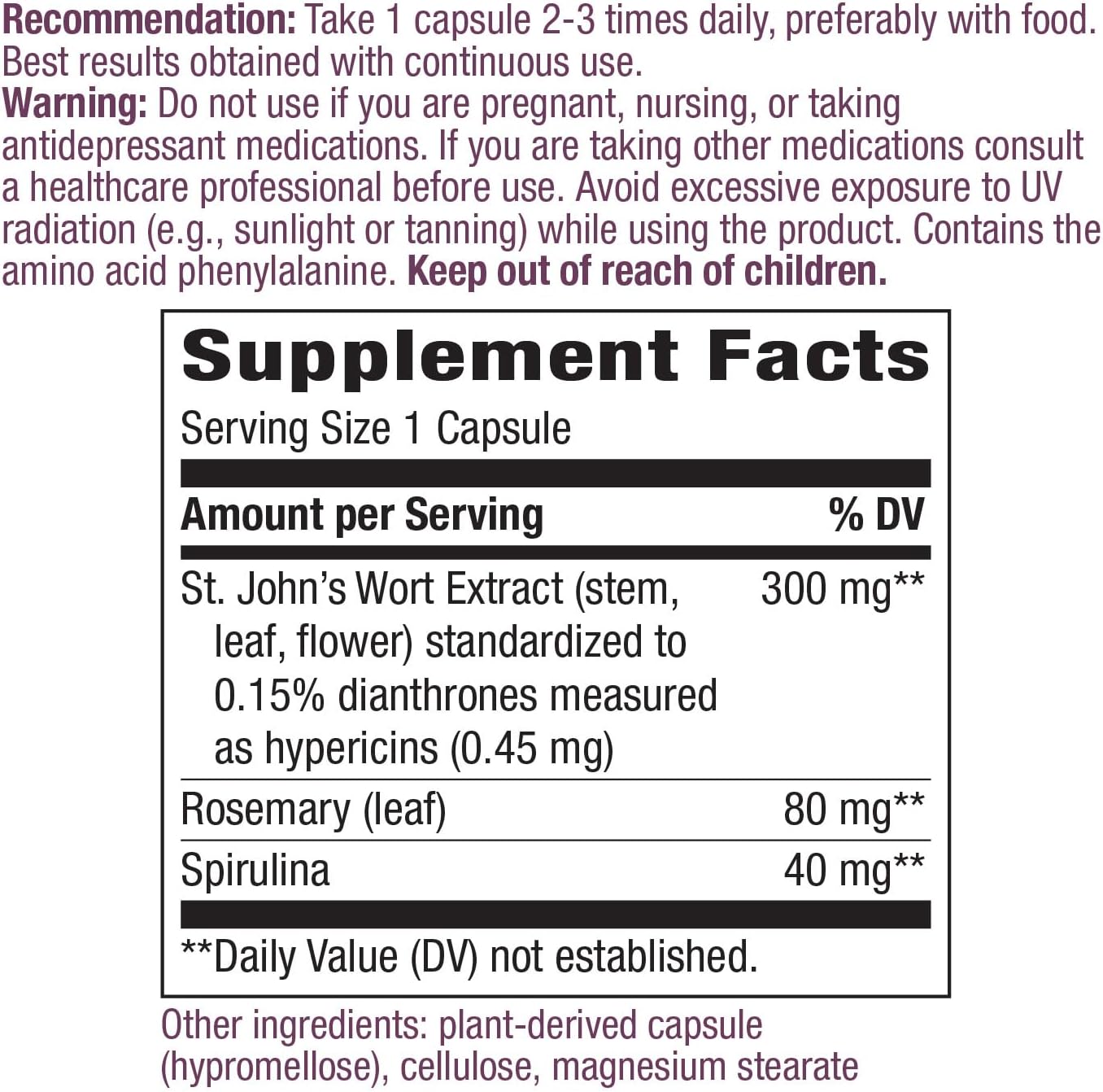 St. John’s Wort Premium Extract with Rosemary & Spirulina - Non-GMO & Vegan - 90 Capsules - Promotes Positive Outlook