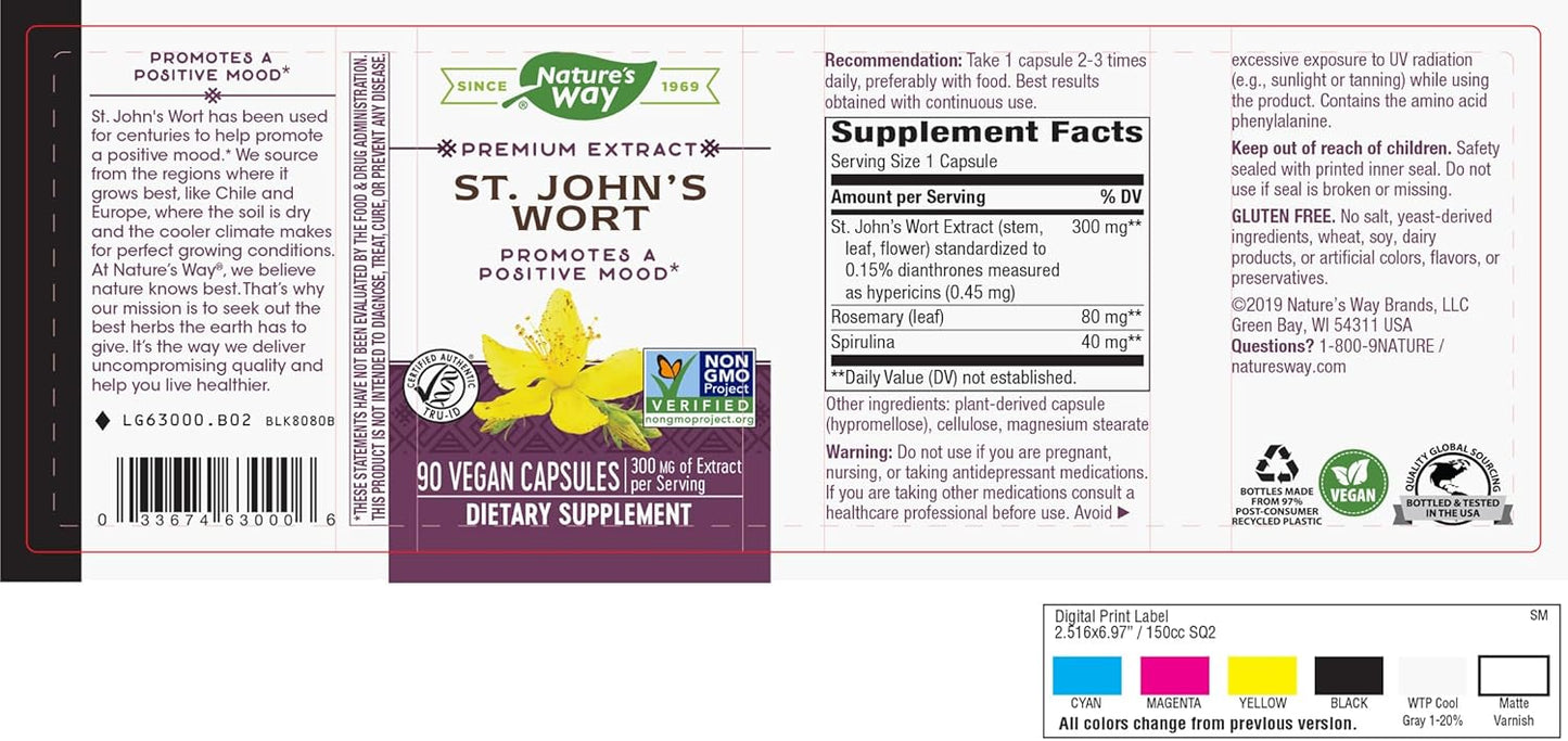 St. John’s Wort Premium Extract with Rosemary & Spirulina - Non-GMO & Vegan - 90 Capsules - Promotes Positive Outlook