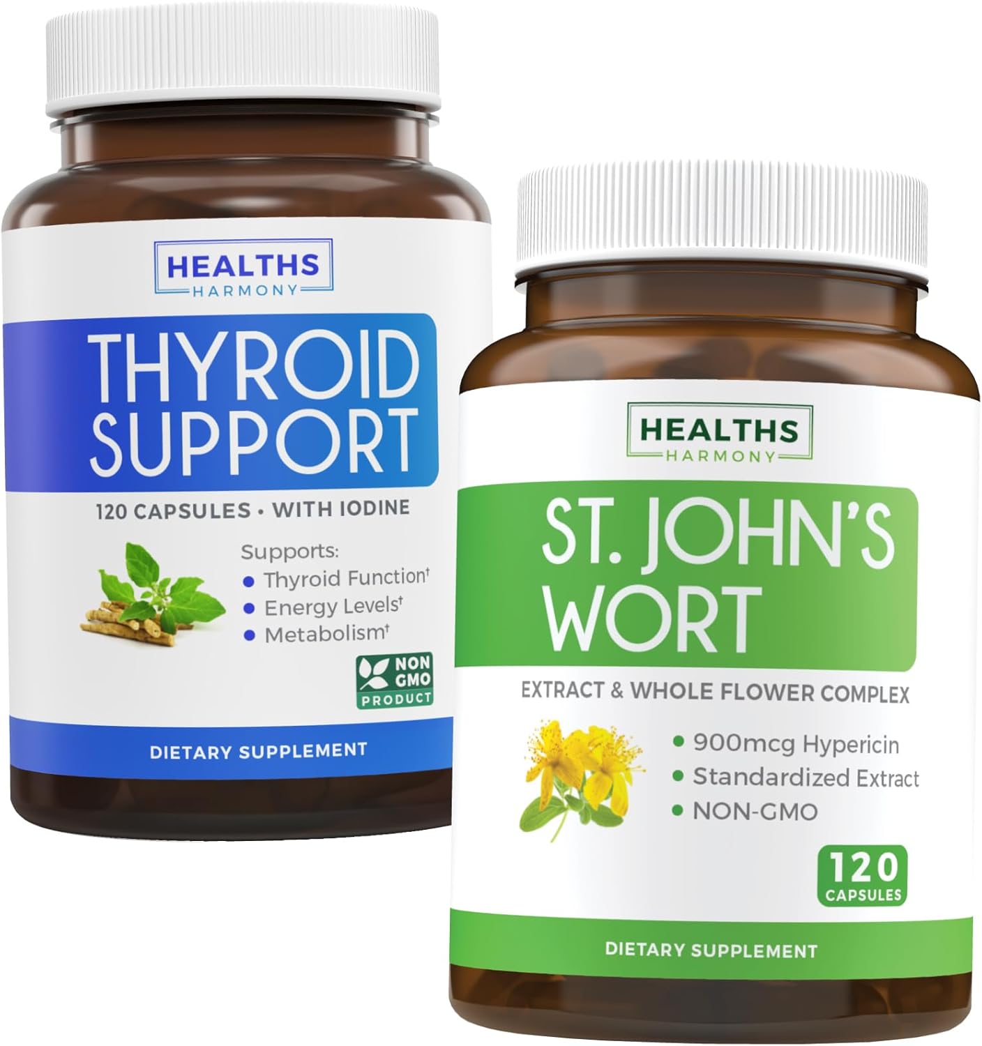 St. John's Wort & Thyroid Support Bundle for Mood Boost and Energy Improvement - Non-GMO with Hypericin Extract & Iodine