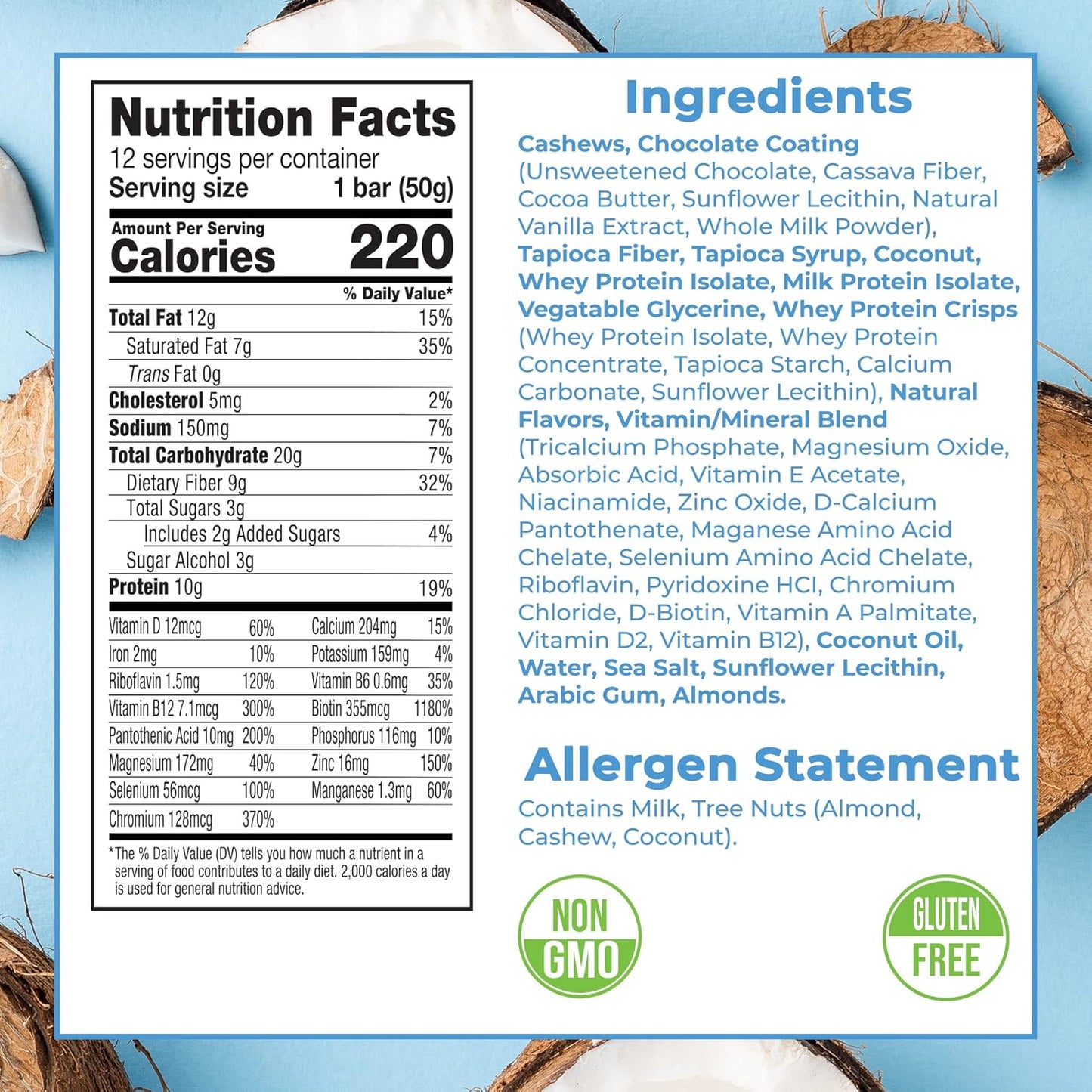 Stabilyze Dark Chocolate Coconut Cashew Nutrition Bars, Keto Meal Replacement with 15 Vitamins & Minerals - Gluten Free, Non GMO, Low Carb Snacks (12 Pack)