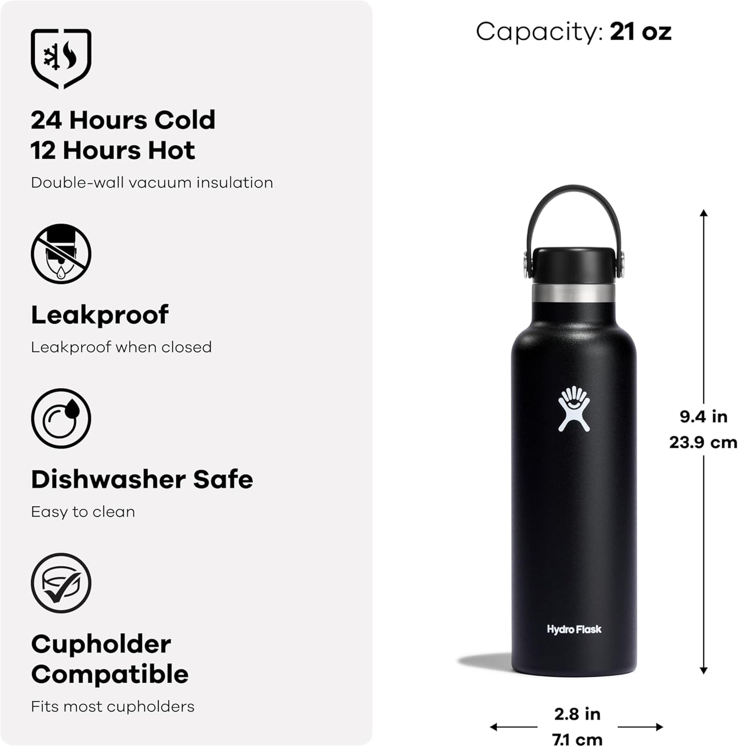 Stainless Steel Hydro Flask Standard Mouth Water Bottle with Flex Cap and Vacuum Insulation - 20oz