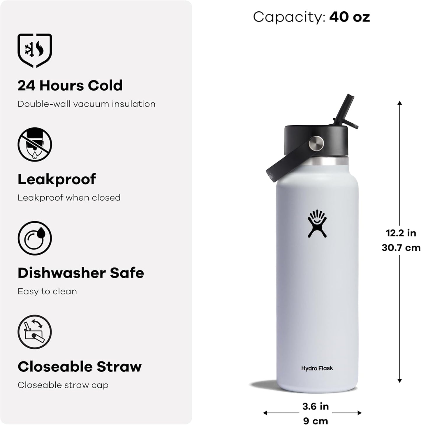 Stainless Steel Hydro Flask Wide Mouth Water Bottle with Leakproof Straw Lid for Cold Drinks, Sports, Travel