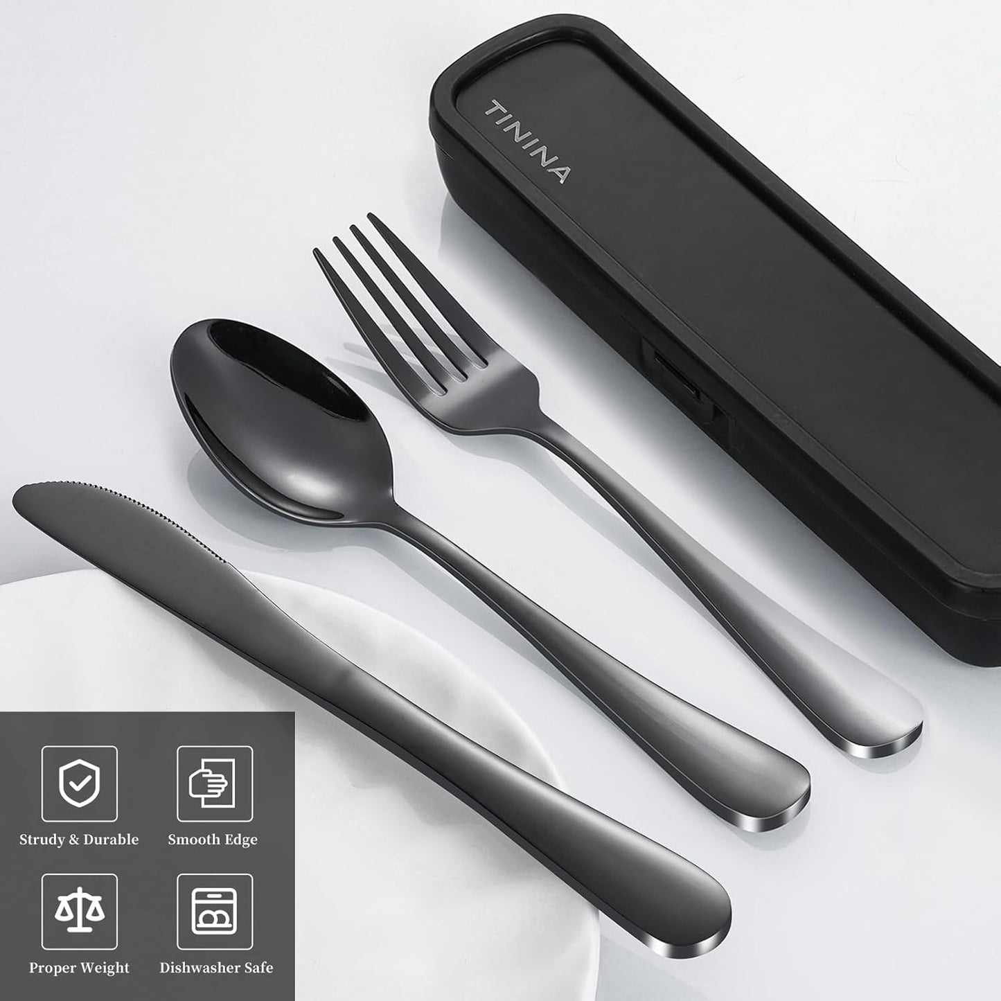 Stainless Steel Travel Cutlery Set with Case - 4-Piece Portable Utensils for Camping and Work - Fork Spoon Knife Included - Dishwasher Safe - Black